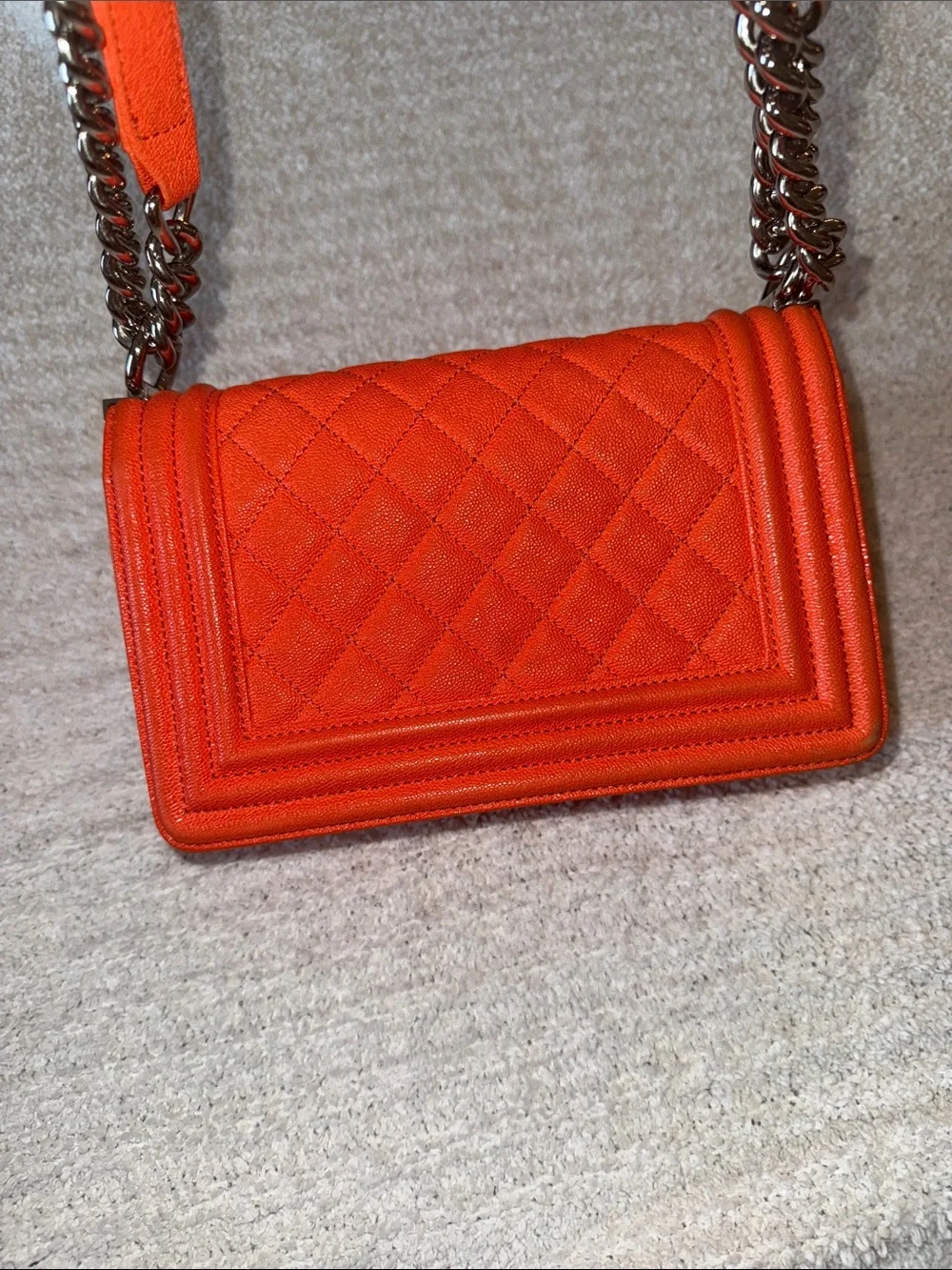 CHANEL Orange Quilted Boy Bag with Silver Chain